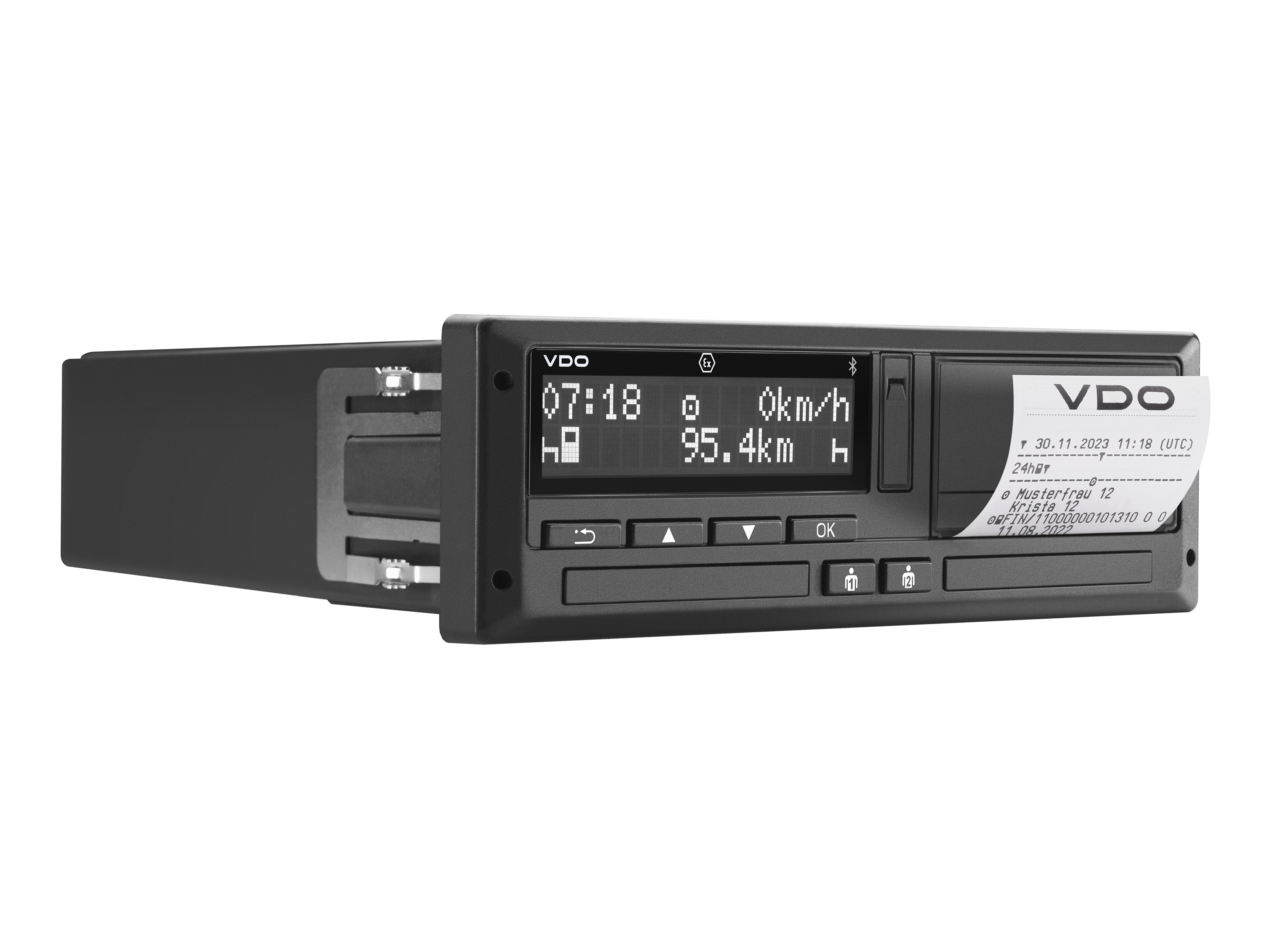Side view of the VDO DCTO 4.1 - the second version of the intelligent tachograph - with printout in progress.