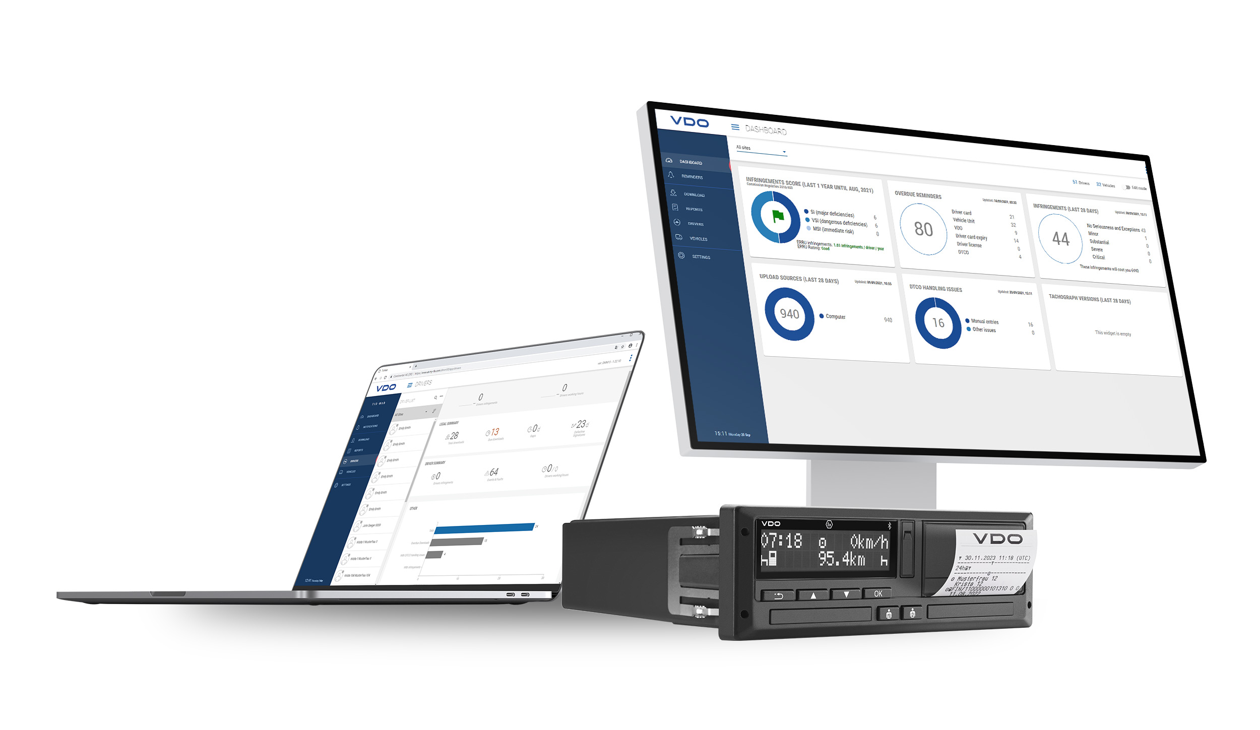 Graphic of a combination of a VDO DTCO 4.1, a laptop and a computer. A dashboard and an evaluation of the Tachograph Management software can be seen on the two screens. The tachograph in the foreground is printing. 